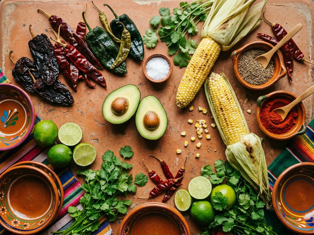 Vibrant overhead flat-lay of authentic Mexican ingredients