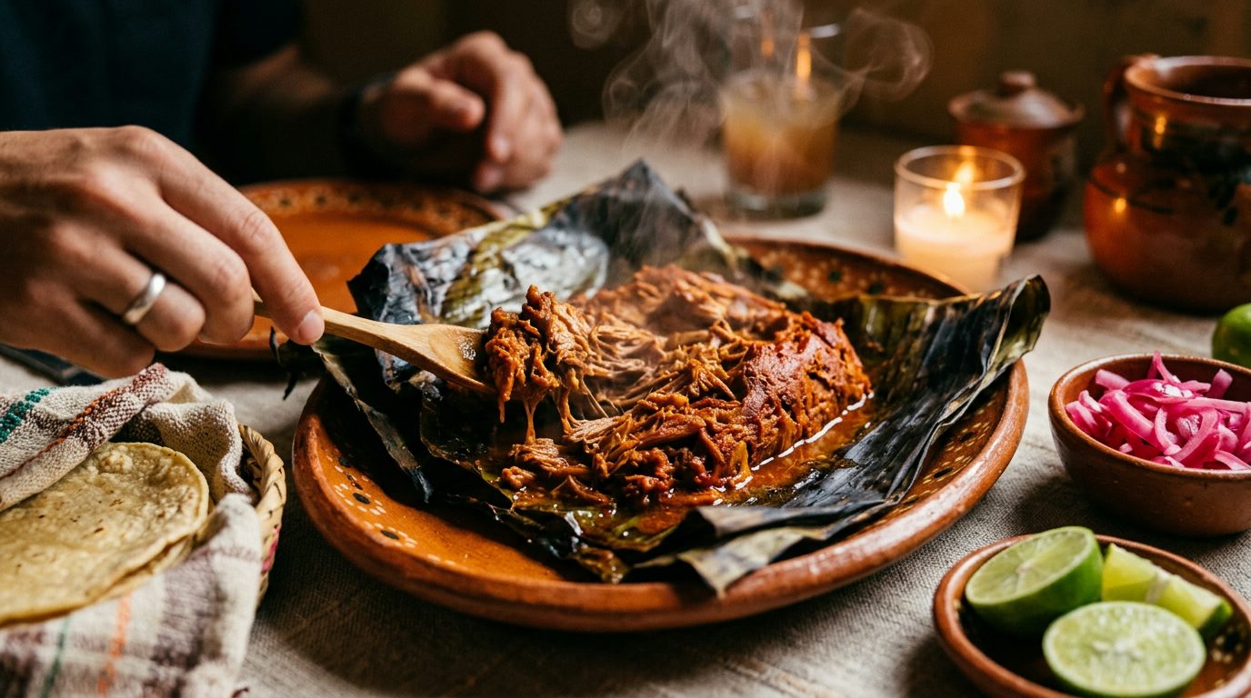 Cochinita Pibil unwrapped from banana leaves on a rustic platter